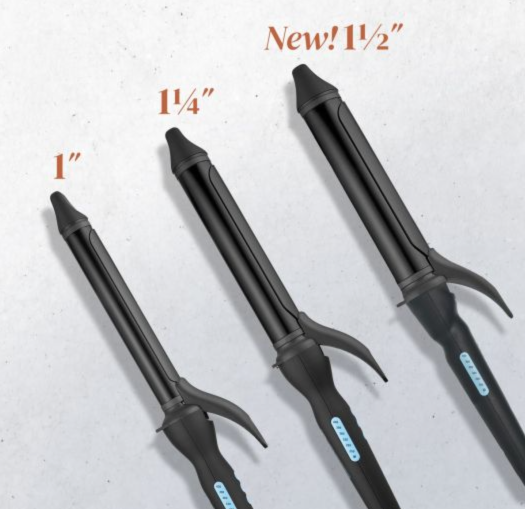 3 black curling irons on white background with text showing size of each; 1", 1 1/4", and New! 1 1/2"