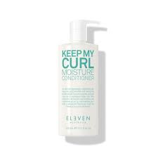 A white bottle of Keep My Curl Moisture Conditioner by Eleven, with a pump dispenser on a white background.