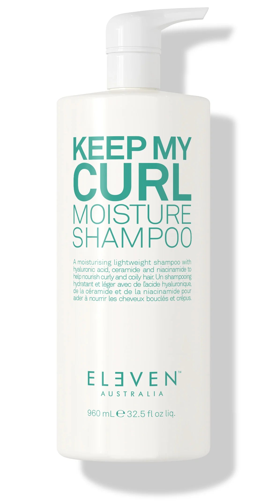 Bottle of Keep My Curl Moisture Shampoo by Eleven Australia, with a pump dispenser, white bottle with green text