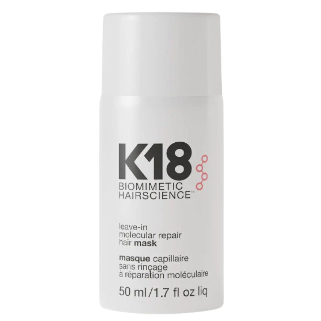 White bottle of K18 Biomimetic Hairscience leave-in molecular repair hair mask product