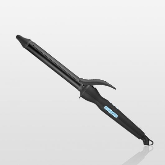 A black Bio Ionic long barrel curling iron with a cool touch grip.