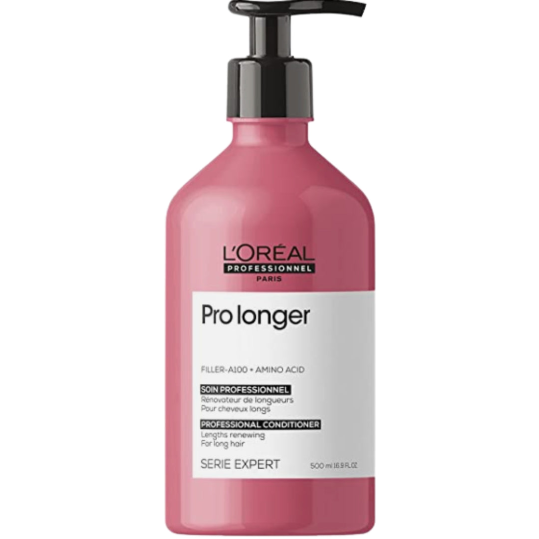 A pink bottle of L'Oréal Professionnel Pro Longer Lengths Renewing Conditioner with a pump dispenser.