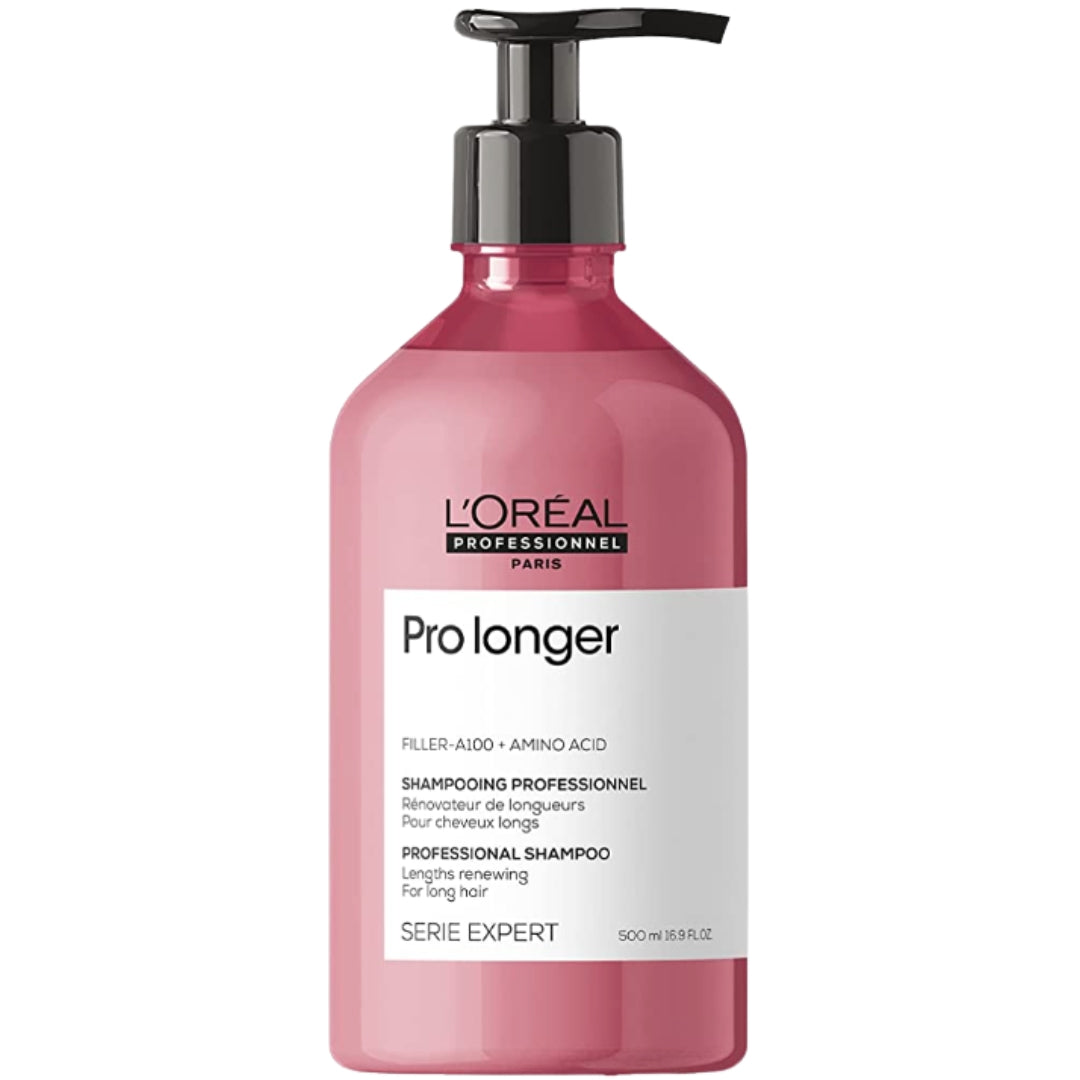 A pink bottle of L'Oréal Professionnel Pro Longer Professional Shampoo with a pump dispenser.