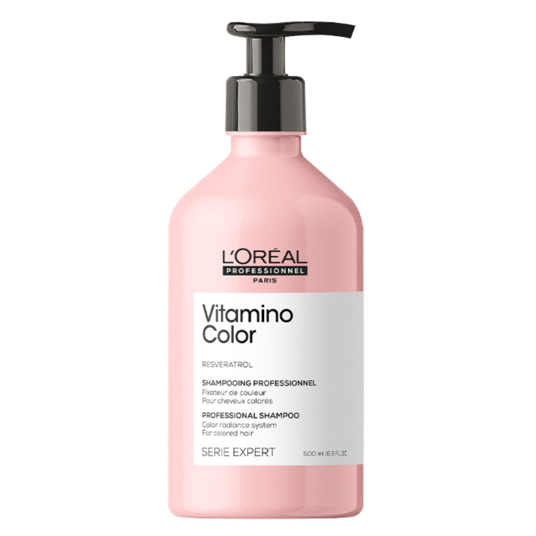 Pink bottle with black pump; Vitamino Color Resveratrol Professional Shampoo hair product by L'Oréal Professionnel