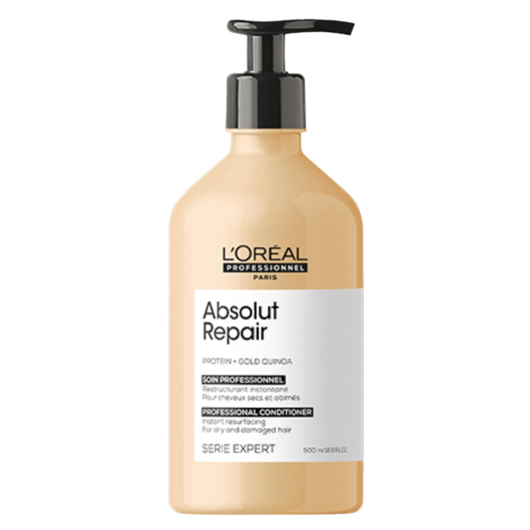 Beige bottle with black pump dispenser; Absolut Repair Professional Conditioner hair product by L'Oréal Professionnel