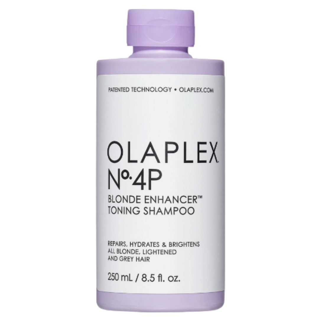 Purple bottle of OLAPLEX No. 4P Blonde Enhancer Toning Shampoo hair product