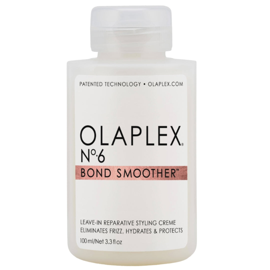 White bottle of Olaplex No.6 Bond Smoother, a hair styling cream designed to smooth, condition, and strengthen hair.