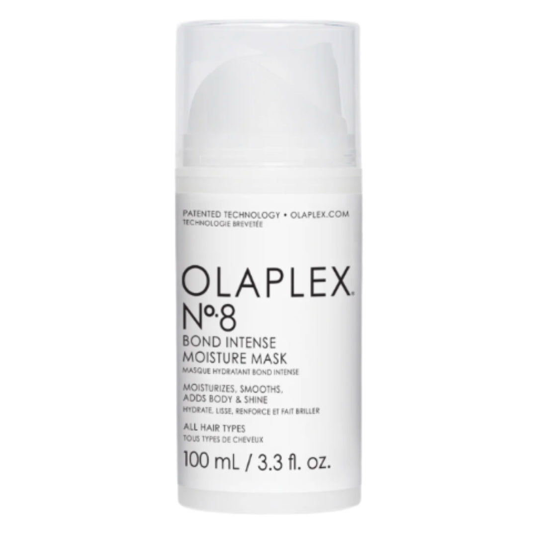 White container of OLAPLEX No. 8 Bond Intense Moisture Mask hair product