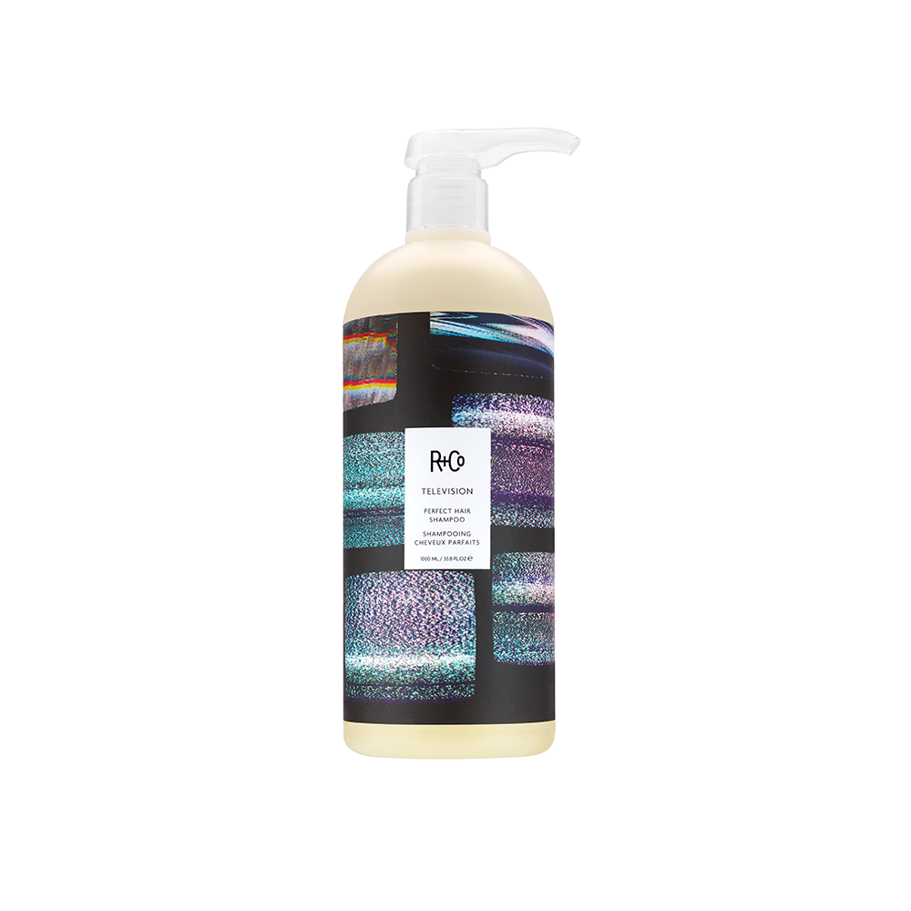 Bottle of Television Perfect Hair Shampoo by R+Co with TV screens image on the label
