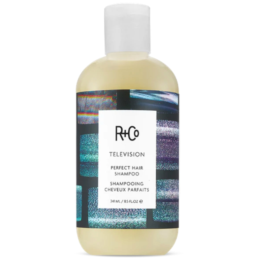 A bottle of R+Co TELEVISION Perfect Hair Shampoo with a label featuring a colorful pattern of television screens.