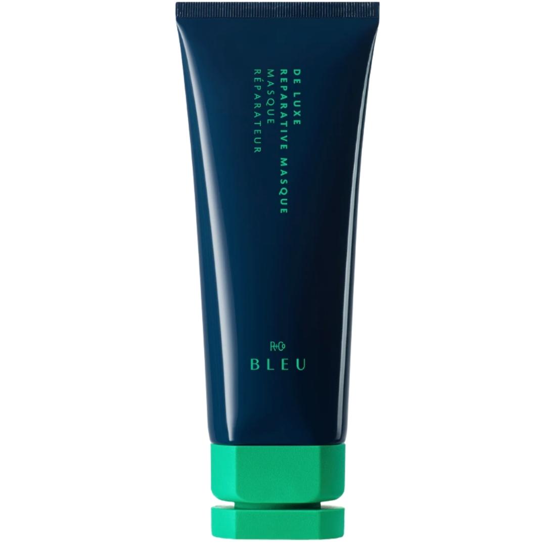Dark blue tube with green cap; R+Co Bleu De Luxe Reparative Masque