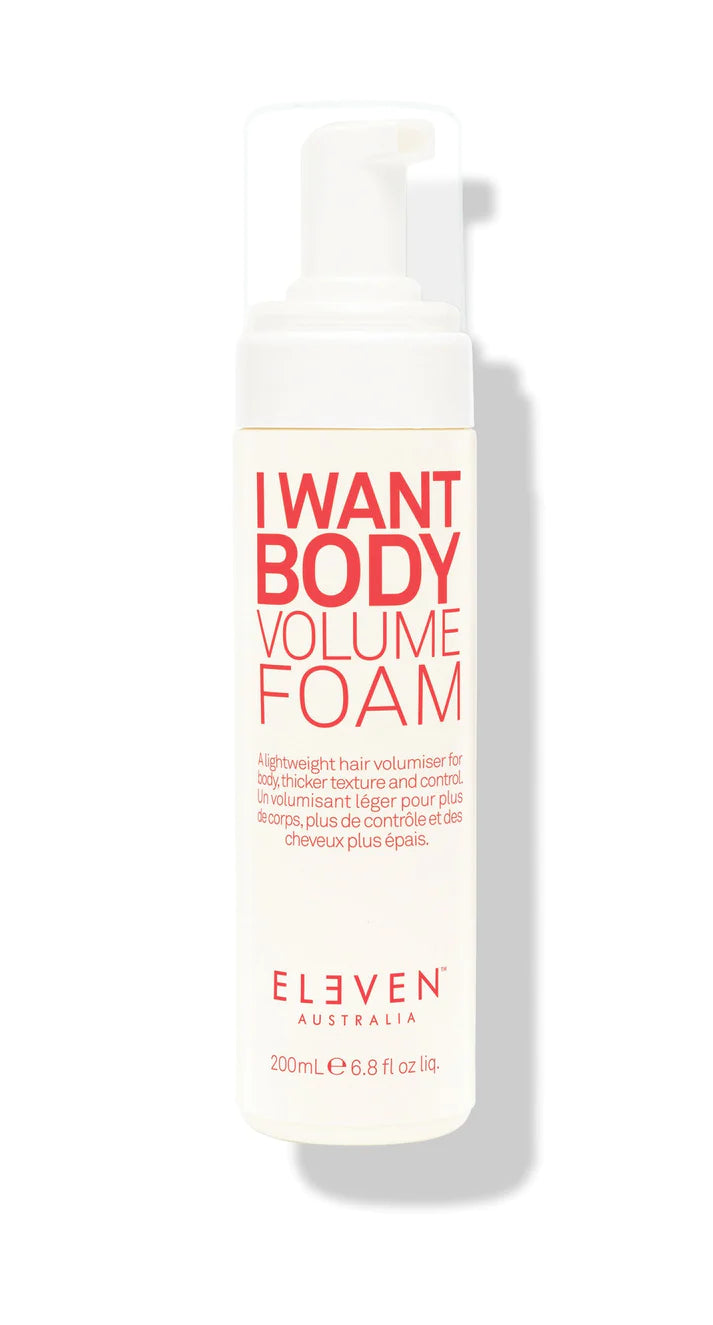 White pump bottle of I Want Body Volume Foam by ELEVEN.