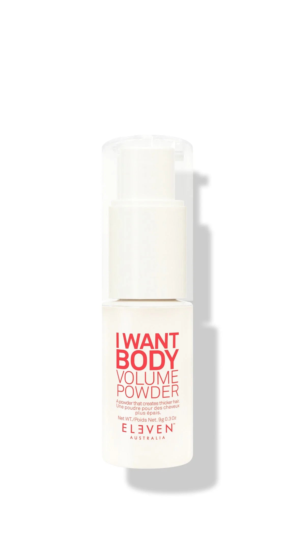 White pump bottle of I Want Body Volume Powder by ELEVEN.