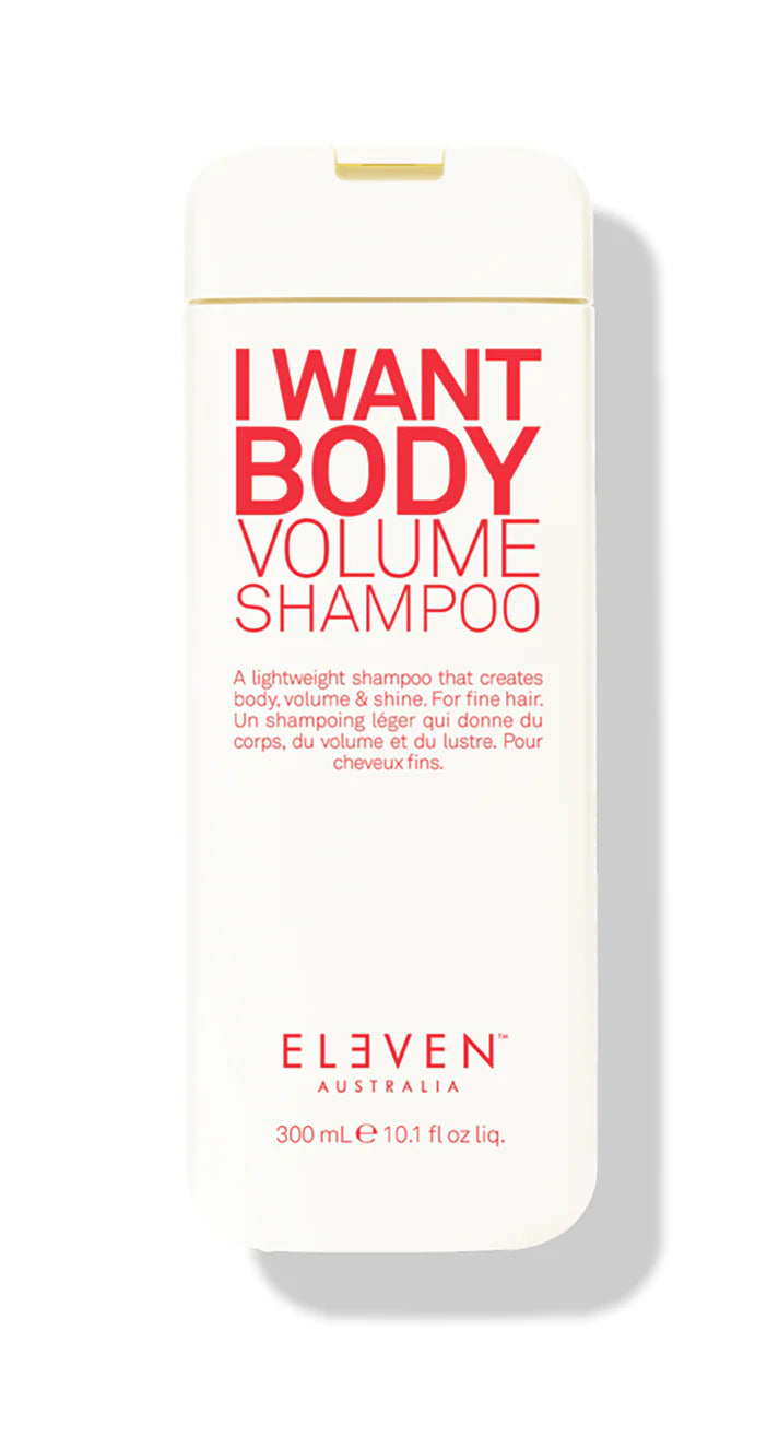White container of I Want Body Volume Shampoo hair product by ELEVEN