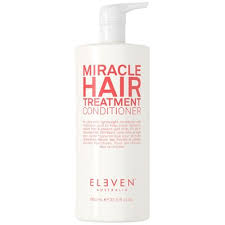 White bottle of 'Miracle Hair Treatment Conditioner' by Eleven on a white background