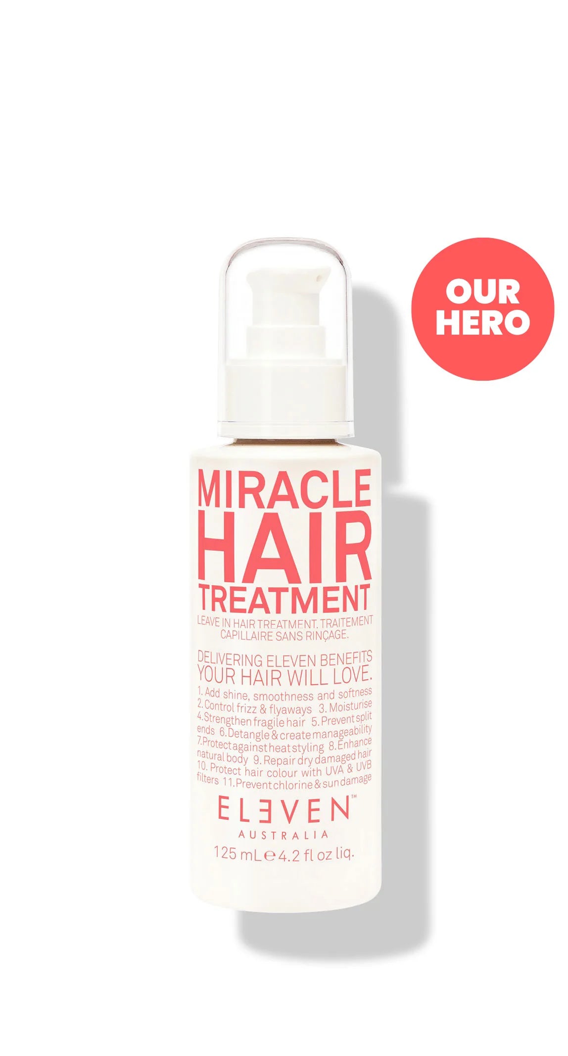 Bottle of Eleven Miracle Hair Treatment with red and white labeling, indicated for leave-in use.