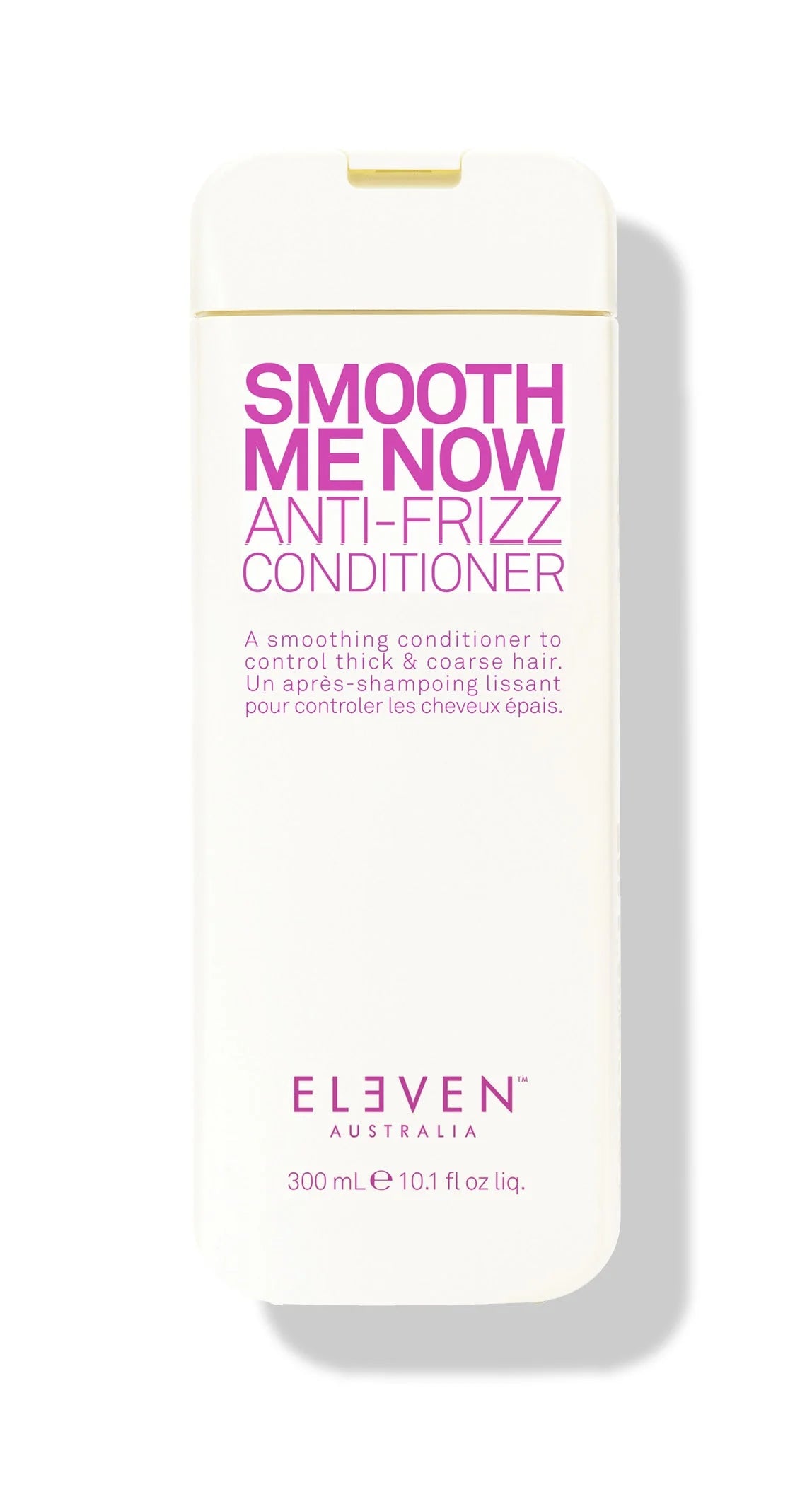 Bottle of Smooth Me Now anti-frizz hair conditioner By ELEVEN on white background
