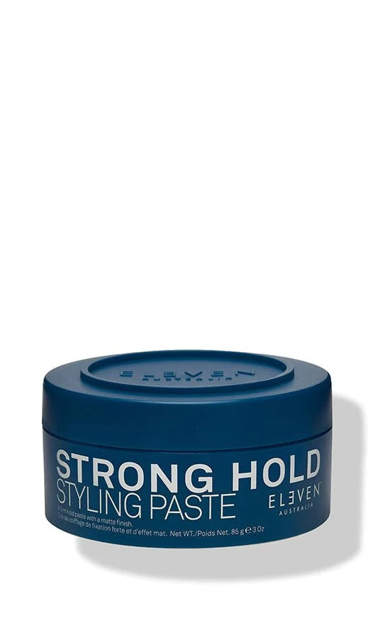 A blue container of Strong Hold Styling Paste  by ELEVEN