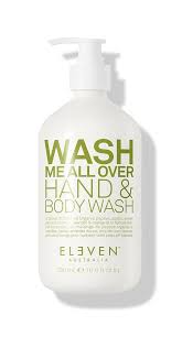 Hand and body wash bottle labeled 'Wash Me All Over' with 'Eleven' branding on a white background