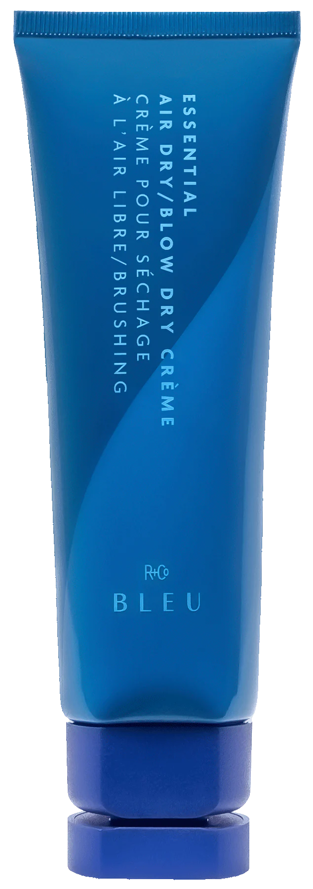 Blue tube of hair product; 'Essential Air Dry/Blow Dry Creme' by R+Co Bleu