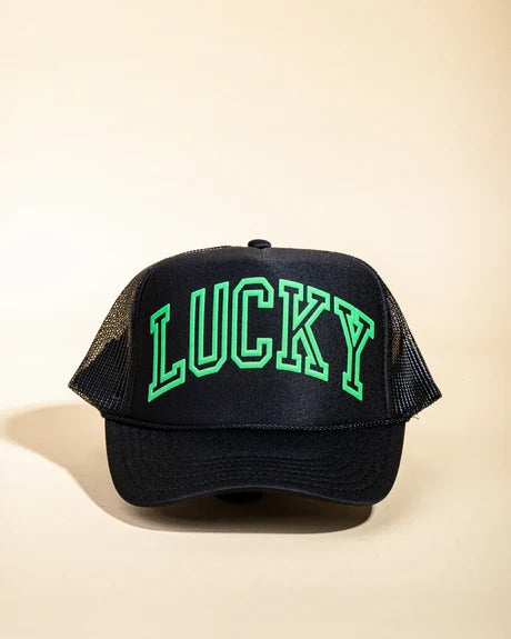A black trucker hat with the word 'LUCKY' written in green on the front.