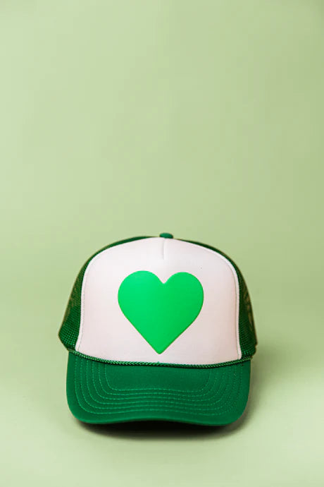 Green trucker hat with large green heart on the front on white background