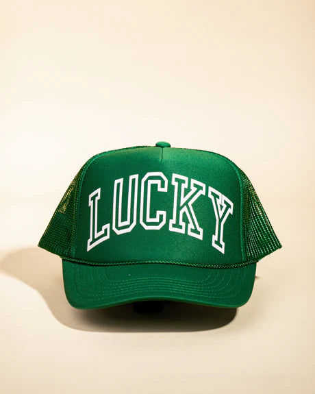A green trucker hat with the word 'LUCKY' written in white on the front.