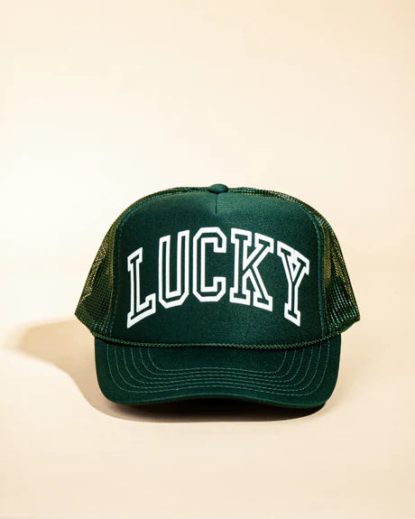A green trucker hat with the word 'LUCKY' written in white on the front.