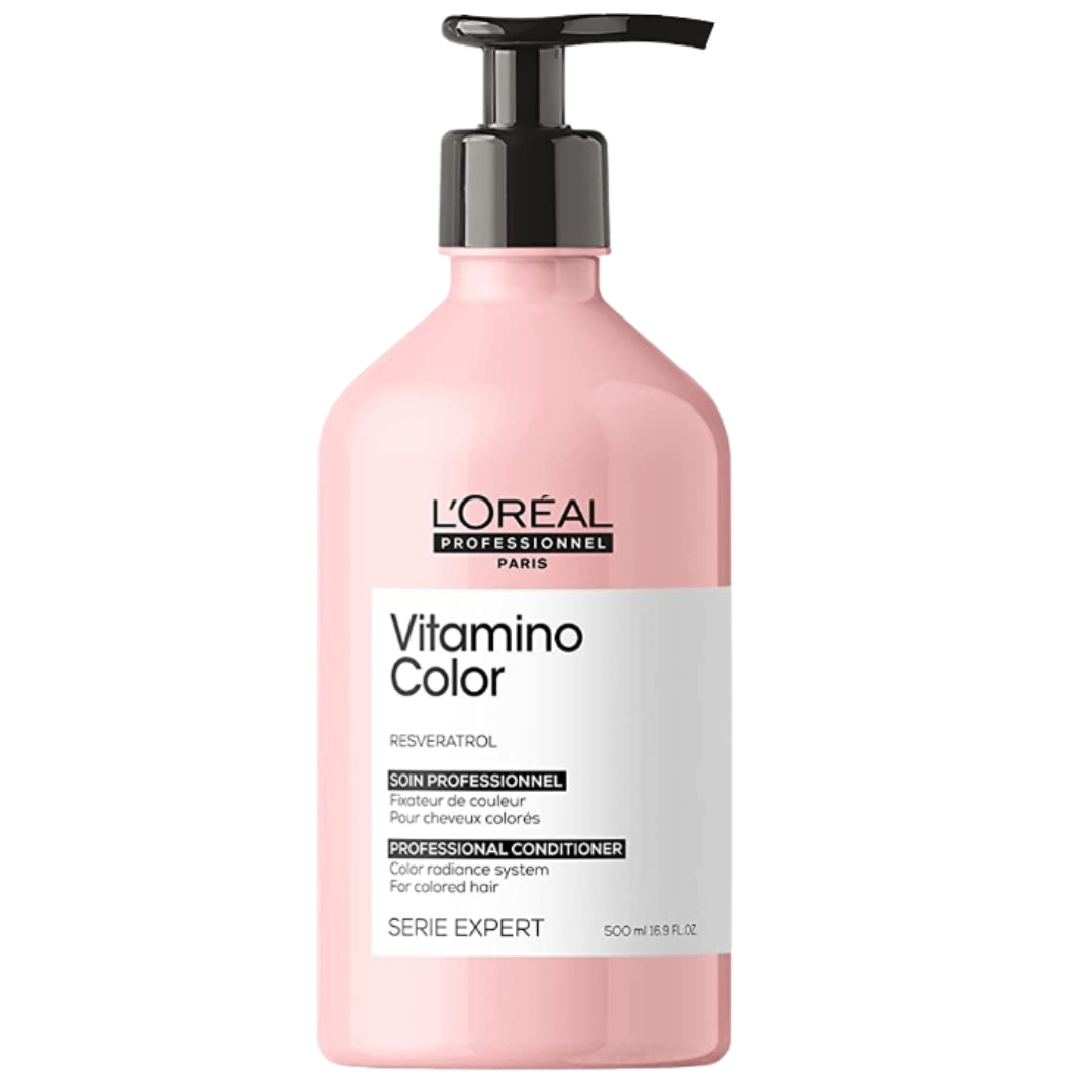 Pink bottle with black pump; Vitamino Color Resveratrol Professional Conditioner hair product by L'Oréal Professionnel