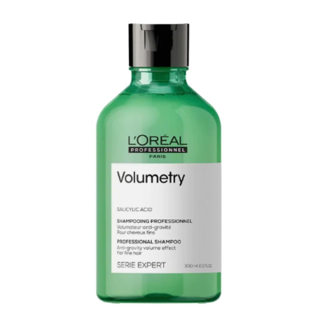 Green bottle with black cap; Volumetry Professional Shampoo hair product by L'Oréal Professionnel
