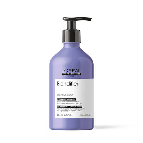 Purple bottle of L'Oréal Professionnel Blondifier professional conditioner