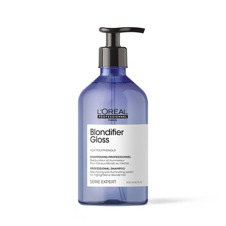 Purple bottle of L'Oréal Professionnel Blondifier Gloss professional shampoo