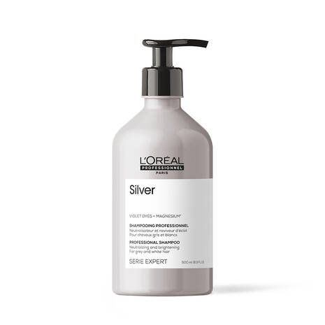 Grey bottle with black pump dispenser; L'Oréal Professionnel Silver professional shampoo