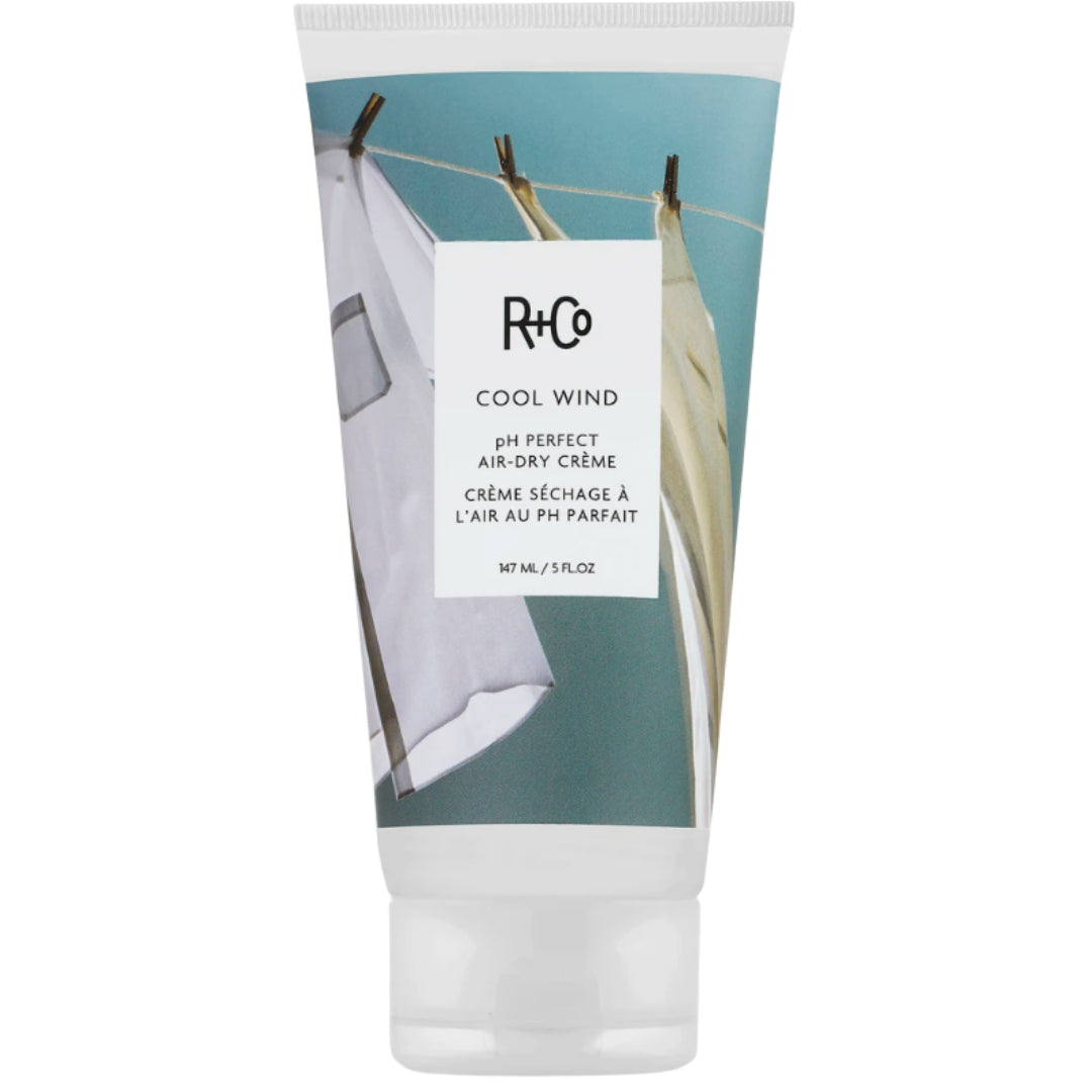 Tube of R+Co Cool Wind Air Dry Crème with packaging featuring a white background and images of clothes hanging on a clothesline.