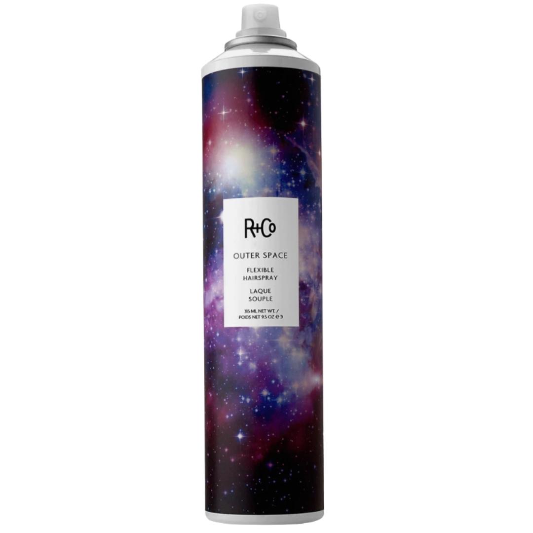 White can of R+Co Outer Space Flexible Hairspray with a starry space image on the label