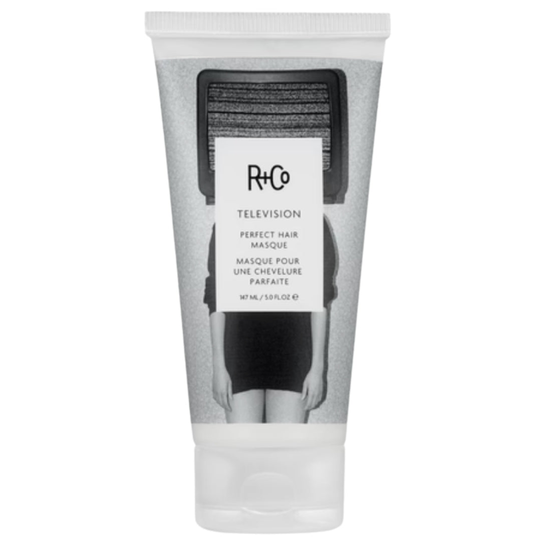 Black and white container of R+Co Television Perfect Hair Masque hair product