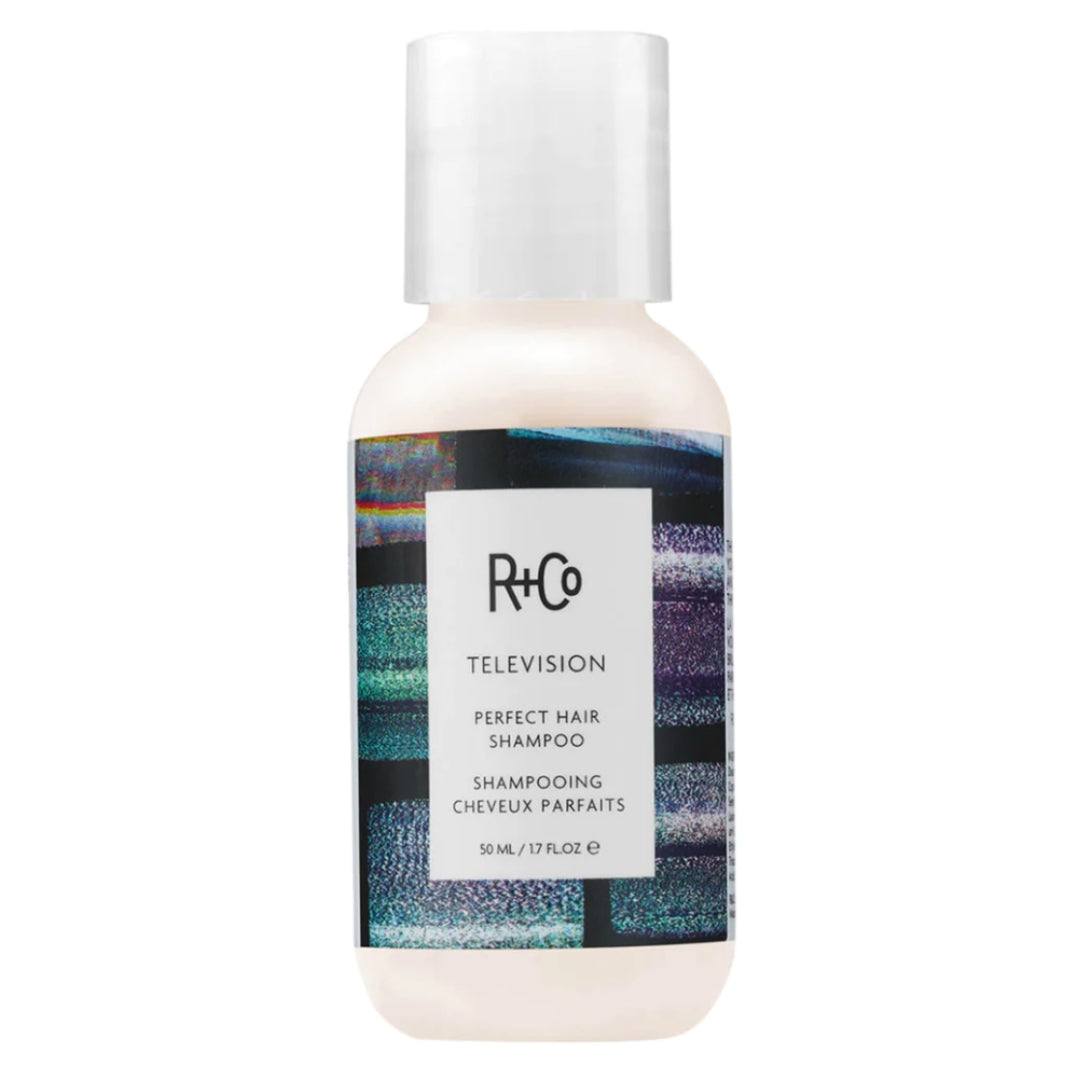 A travel-sized bottle of R+Co Television Perfect Hair Shampoo with a white dispenser cap and a label featuring a multicolored geometric design.