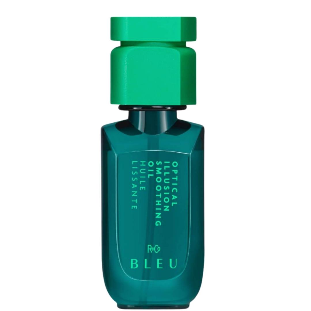 Green bottle with green cap; R+Co Bleu Optical Illusion Smoothing Oil hair product